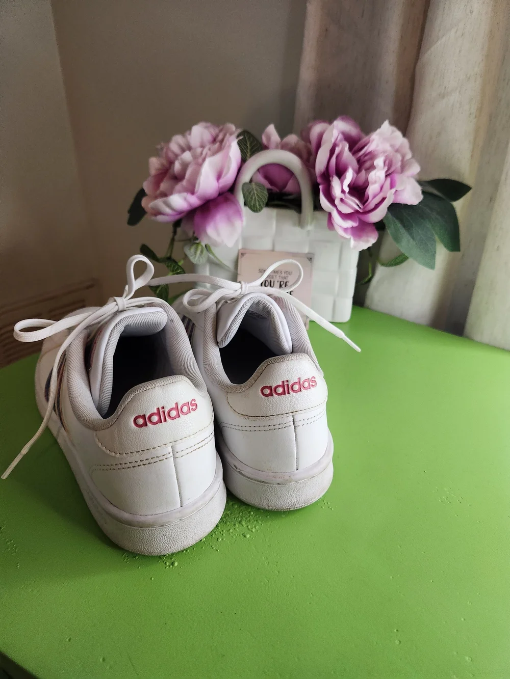 adidas White Athletic Sneakers with Floral Accent Stripes